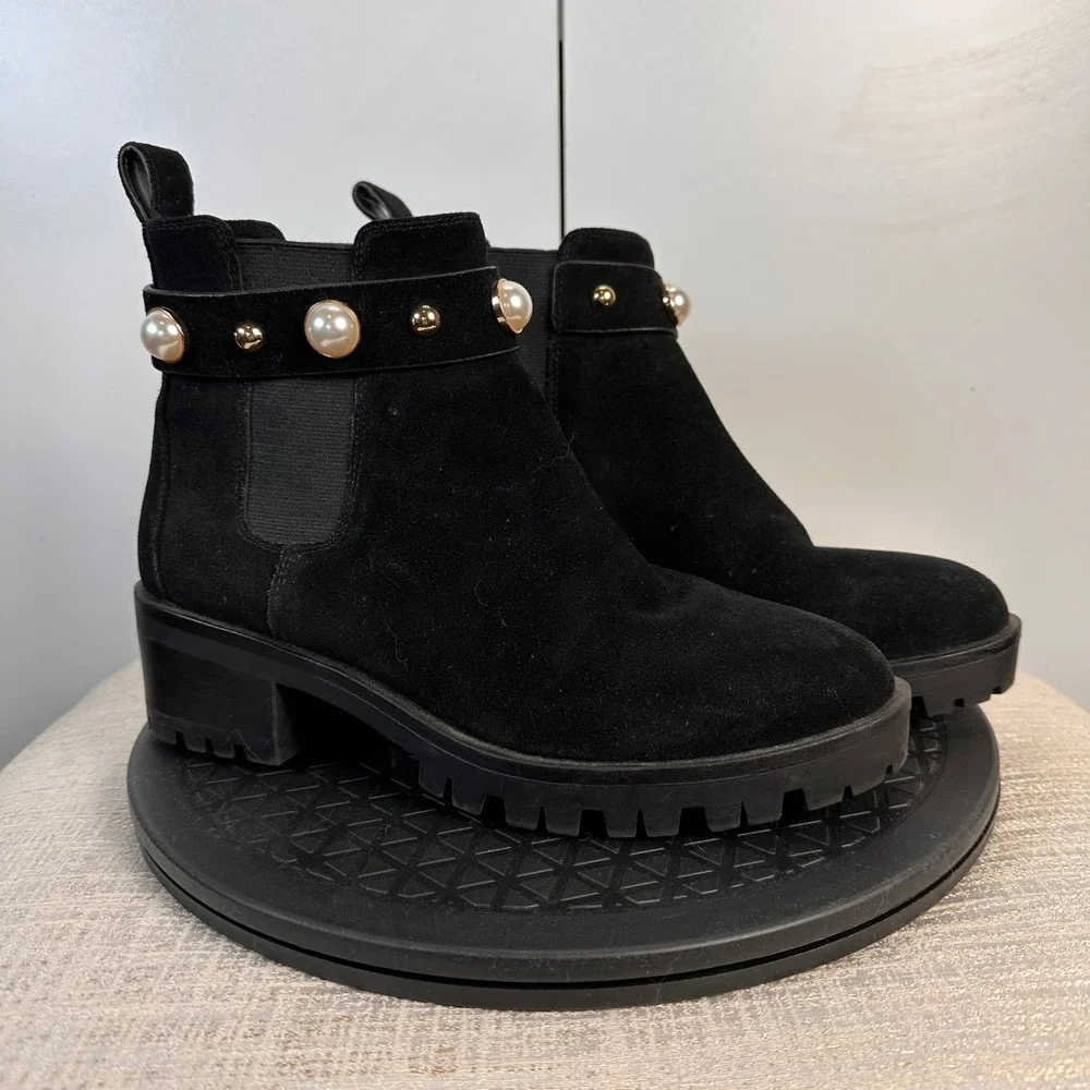 Karl Lagerfeld Paris Wmns‎ 7M Black Suede Pearl Embellished Chelsea Boots Luxury